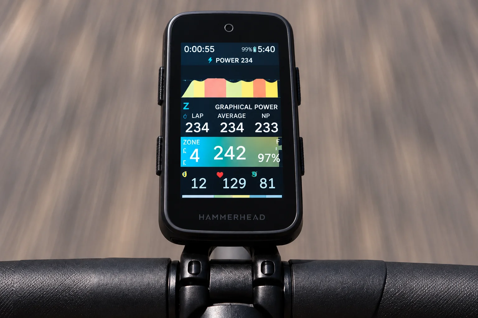 VinHkE power chart and live data on Karoo during a ride